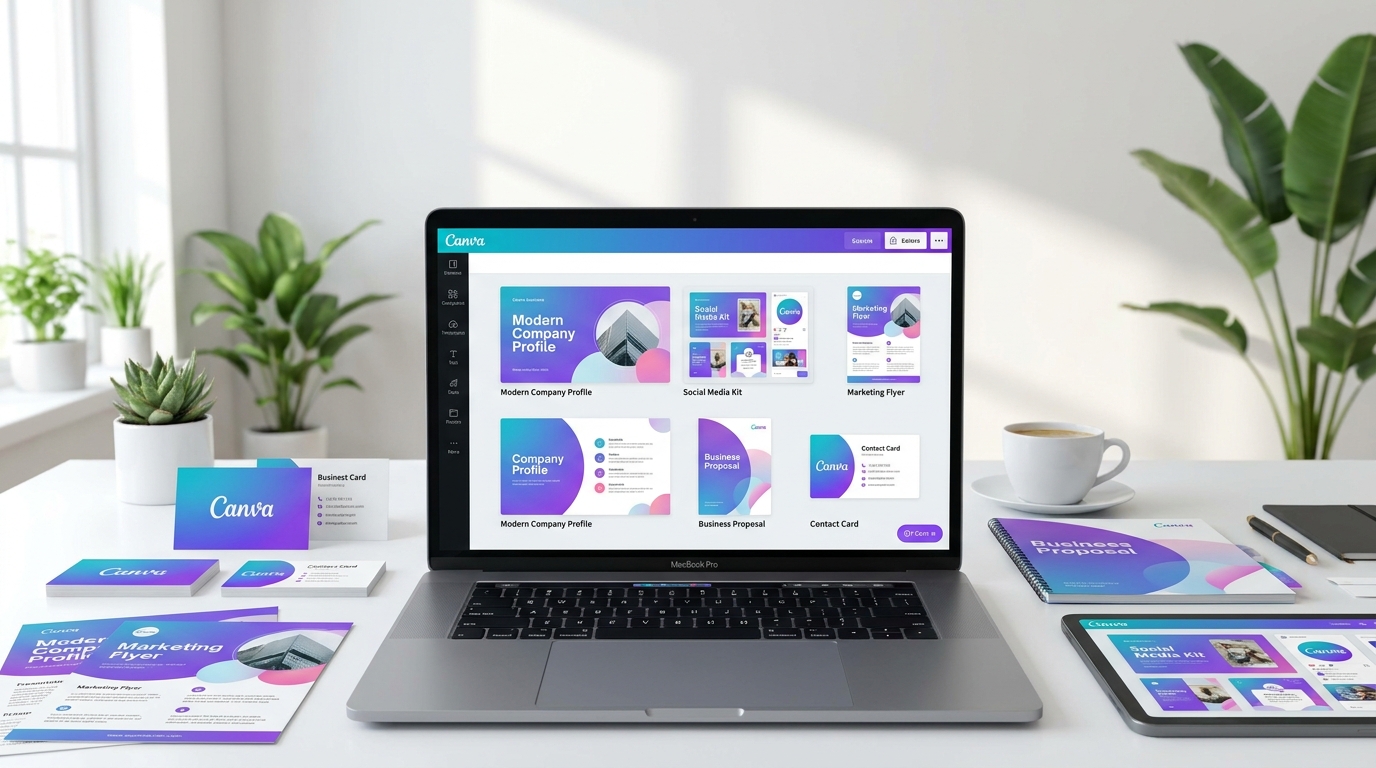 Professional Canva business templates displayed on a laptop with branded social media posts, presentations, and marketing materials.