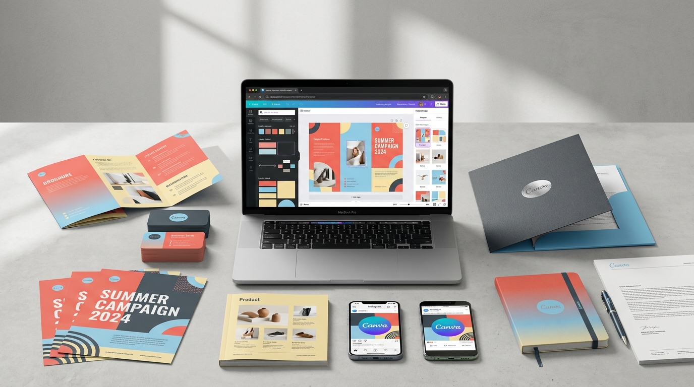 Professional Canva marketing materials including brochures, flyers, business cards, and social media designs displayed in a branded layout.