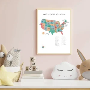 colorful USA map poster for kids