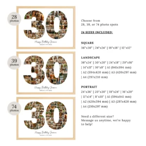 30th Birthday Photo Collage, Birthday Number 30 Printable, 30th Photo Collage Template, Unique Gift Idea for Her, for Him - Image 4