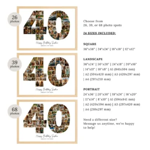 40th Birthday Photo Collage Template, Number 40 Collage, Gift Idea, Personalized 40th Birthday Gift for Her or Him, Birthday Party Decoration - Image 5