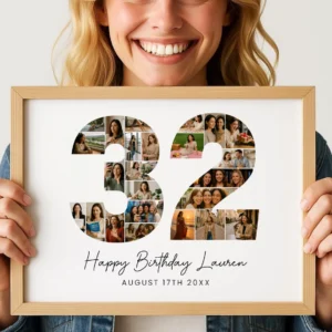 32nd Birthday Photo Collage Template, Personalized 32nd Birthday Gift for Women, Number Collage, Family Gift, Birthday Gift, Canva - Image 5