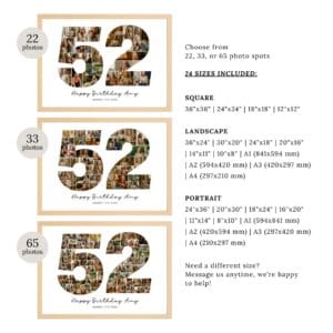 52nd Birthday Photo Collage Template, Personalized 52nd Birthday Gift for Women, Mom, Number Collage, Family Gift, Birthday Gift, Canva - Image 3