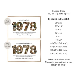 Alternative view of 1978 Photo Collage Birthday Template, 48th Birthday Number Memory Poster, Personalized Year Photo Gift, Editable Canva Digital Download