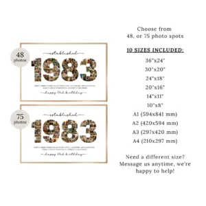 1983 Photo Collage Template, 43rd Birthday Number Collage, Personalized Year Photo Poster, Editable Canva Digital Download - Image 4
