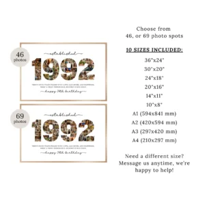 Editable 1992 Photo Collage Template, 34th Birthday Number Collage Print, Personalized Year Photo Poster, Canva Digital Download - Image 5