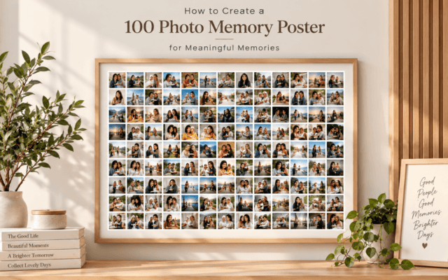 100 Photo Memory Poster Template with creative photo collage layout design for preserving meaningful memories and personalized wall decoration.