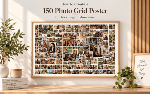 150 Photo Grid Poster Template with professional photo collage grid layout design for preserving meaningful memories and personalized wall decoration.