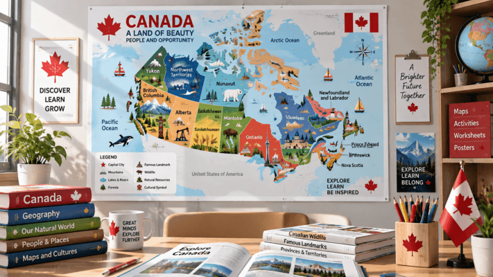 Canada Map Poster featuring illustrated Canadian provinces, landmarks, and educational geography design