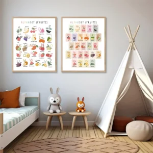 Alphabet learning poster with fruit illustrations from A to Z