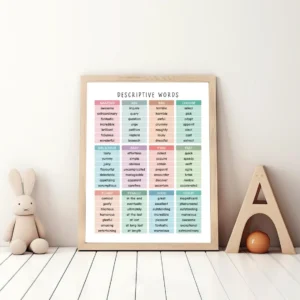 Educational vocabulary chart with describing words for children