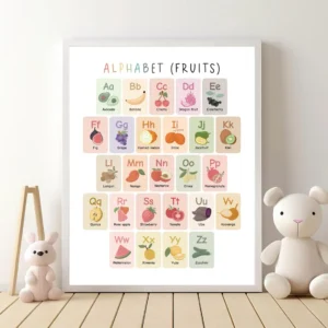 Colorful fruit and vegetable ABC wall art for kids