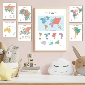 Continents Poster with colorful world map for kids learning