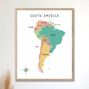 Colorful continents map for Montessori classroom wall decor