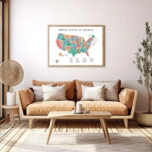 Kids geography poster featuring a colorful USA map