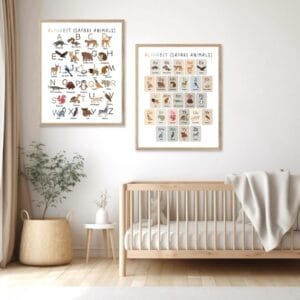 Safari nursery decor with educational alphabet artwork