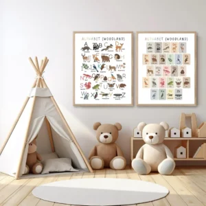 Preschool alphabet print with woodland animal illustrations