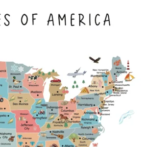 Illustrated United States map poster for children's classroom
