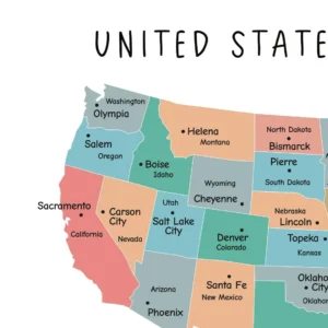 Colorful United States geography wall art for classroom learning
