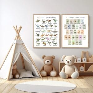 Colorful dinosaur alphabet wall art for kids room