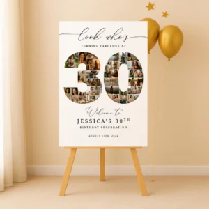30th Birthday Welcome Sign with number 30 photo collage