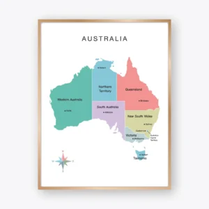 Australia States Map Poster with colorful states and capital cities