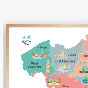 Illustrated Belgium map with landmarks for geography learning