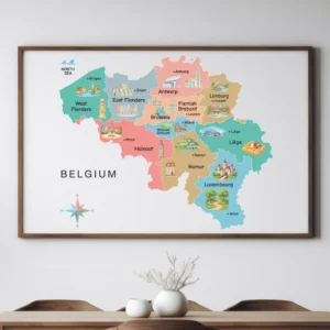 Detailed illustrated Belgium provinces map printable