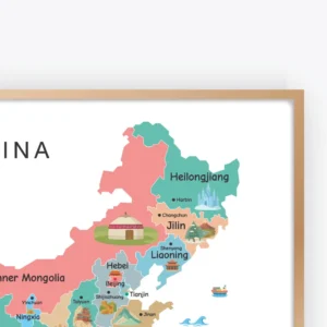 Educational China map with provinces and regional illustrations