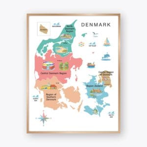 Illustrated Denmark Map with colorful administrative regions