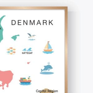 Illustrated Denmark regional map with Scandinavian landmarks