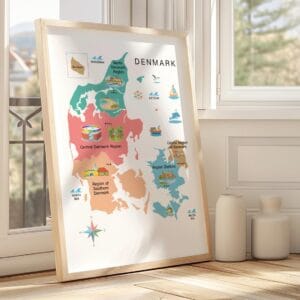 Scandinavian map wall art with colorful regional details