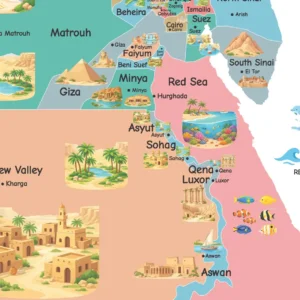 Egypt provinces map with engaging landmark illustrations