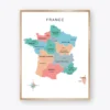 France Map Poster with colorful regions and major cities