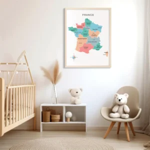 France geography print with regional boundaries and major cities