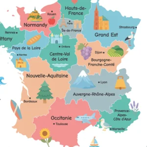 Printable France landmarks map for children's educational spaces