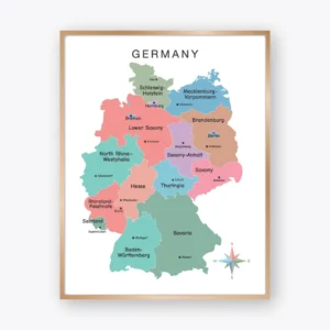 Germany Political Map Poster with colorful federal states