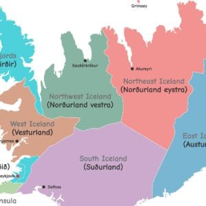 Colorful Iceland geography poster with regional divisions