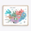 Iceland Illustrated Map Poster with regions and landmarks