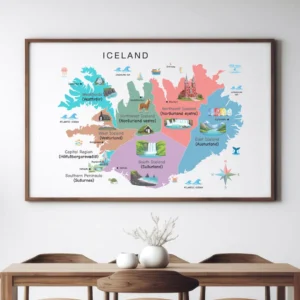 Iceland regions map with colorful cultural illustrations