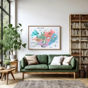 Illustrated Iceland country map with natural landmarks