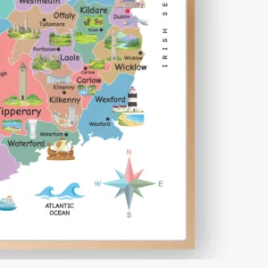 Colorful Ireland map poster with landmarks and county labels