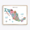 Illustrated Mexico Map Poster with states cities and landmarks