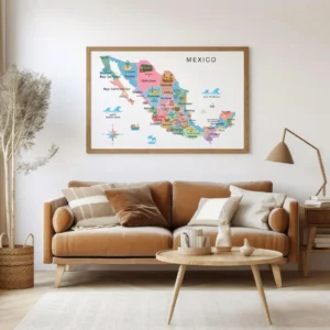 Mexico map poster with cultural and regional illustrations