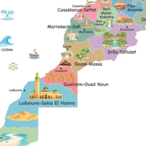 Printable Morocco geography map with colorful illustrations