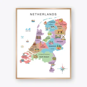 Illustrated Netherlands Map Poster with twelve provinces and major cities
