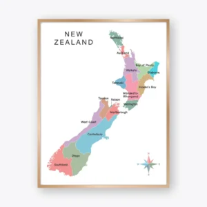 New Zealand Regions Map Poster with colorful regional divisions