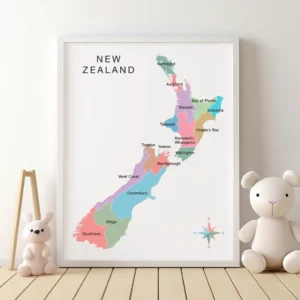 New Zealand country map with North Island and South Island regions