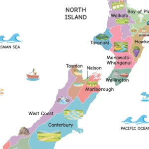 New Zealand geography wall art with colorful map details