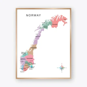 Norway Map Poster with regions and major cities